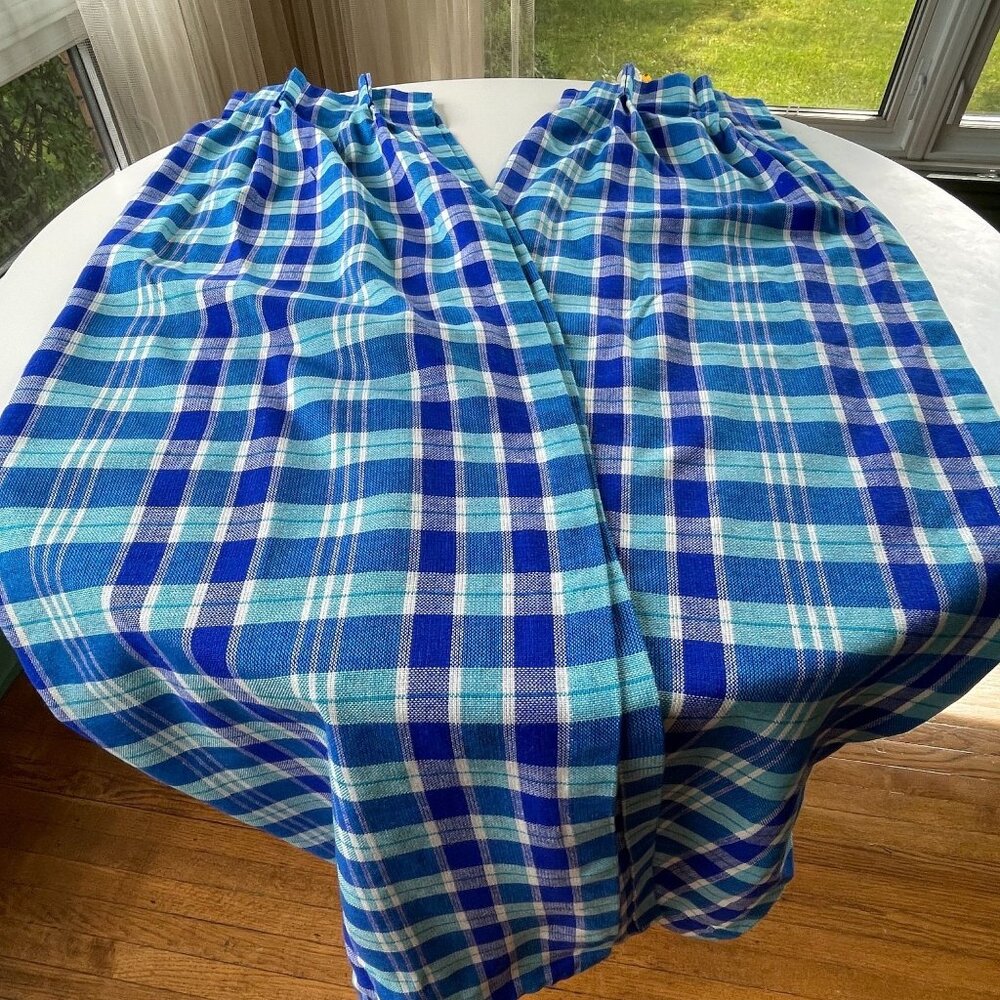 Vintage 80s curtains, bold blue colors plaid, short wide pair of panels, Sears